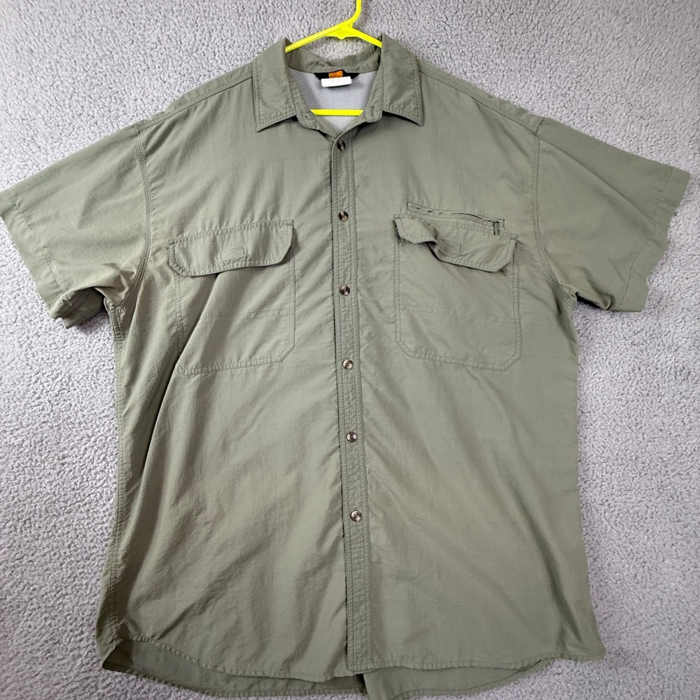 REI Mens Short Sleeve Button Up Shirt Olive Green Outdoor Hiking Camping‎